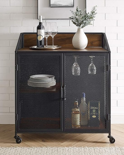 Walker Edison Malcomb Urban Industrial Metal Mesh Double Door Rolling Bar Cabinet, 33 Inch, Dark Walnut - LeafyLoom
