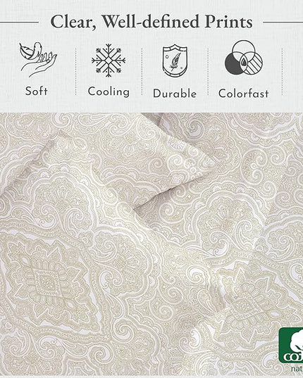 California Design Den Queen Sheet Set Paisley, 400 Thread Count, 100% Cotton Sateen 4 Pc Queen Size Sheets Set, Deep Pocket Sheets & Pillowcase Set - Paisley - Beige - LeafyLoom
