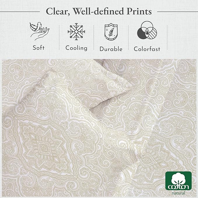 California Design Den Queen Sheet Set Paisley, 400 Thread Count, 100% Cotton Sateen 4 Pc Queen Size Sheets Set, Deep Pocket Sheets & Pillowcase Set - Paisley - Beige - LeafyLoom