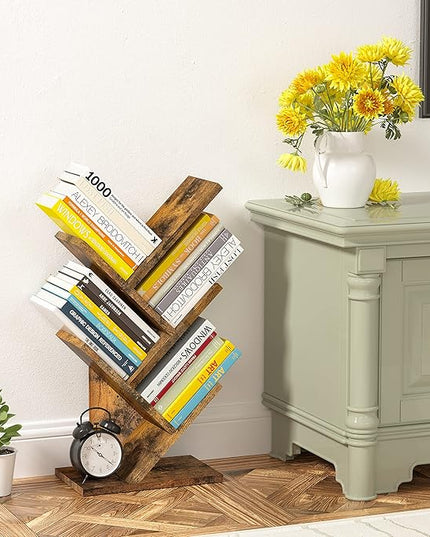 Hoctieon 4 Tier Tree Bookshelf, 4 Shelf Bookcase, Modern Book Storage, Free Standing Tree Bookcase, Utility Organizer Shelves for Home Office, Living Room, Bedroom, Rustic Brown - LeafyLoom