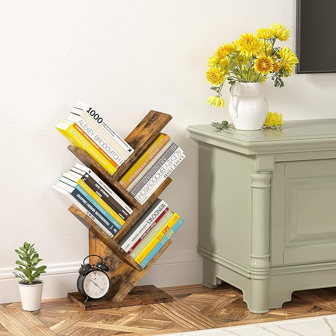 Hoctieon 4 Tier Tree Bookshelf, 4 Shelf Bookcase, Modern Book Storage, Free Standing Tree Bookcase, Utility Organizer Shelves for Home Office, Living Room, Bedroom, Rustic Brown - LeafyLoom