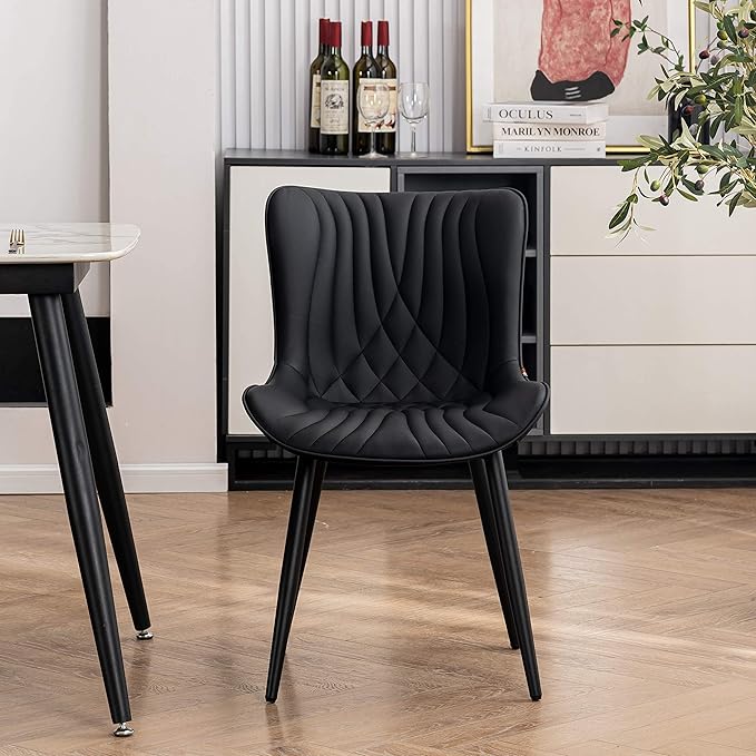 YOUTASTE Black Dining Chairs Set of 2 Upholstered Mid Century Modern Kitchen Dining Room Chairs Armless Faux Leather Accent Chairs Metal Vanity Lounge Chair with Back for Living Room Bedrooms - LeafyLoom
