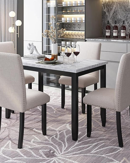 RITSU SONGG 5 Piece Faux Marble Dining Set with Four Thicken Cushion Chairs, Home Kitchen Furniture for 4 People, Family Candlelight Dinner Tables for Diningroom, Living Room, Beige+Black - LeafyLoom