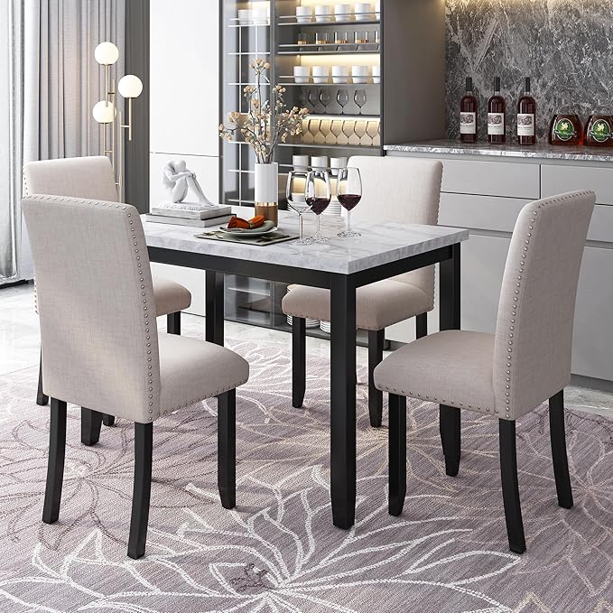 RITSU SONGG 5 Piece Faux Marble Dining Set with Four Thicken Cushion Chairs, Home Kitchen Furniture for 4 People, Family Candlelight Dinner Tables for Diningroom, Living Room, Beige+Black - LeafyLoom