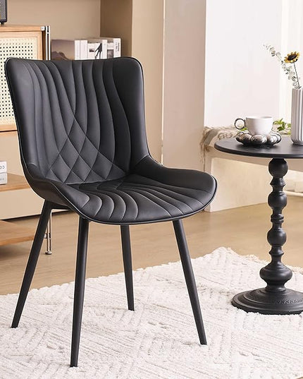 YOUTASTE Black Dining Chairs Set of 2 Upholstered Mid Century Modern Kitchen Dining Room Chairs Armless Faux Leather Accent Chairs Metal Vanity Lounge Chair with Back for Living Room Bedrooms - LeafyLoom