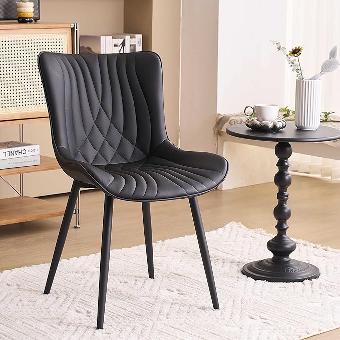 YOUTASTE Black Dining Chairs Set of 2 Upholstered Mid Century Modern Kitchen Dining Room Chairs Armless Faux Leather Accent Chairs Metal Vanity Lounge Chair with Back for Living Room Bedrooms - LeafyLoom