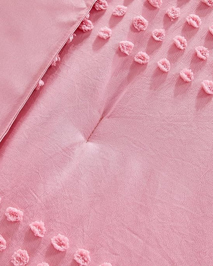 ENJOHOS Girls Queen Comforter Bedding Set Pink, 3 PCS Boho Comforter with Tufted Dots, Shabby Chic Bedding Comforter for All Season, Lightweight Fluffy Microfiber Comforter with 2 Pillowcases - LeafyLoom