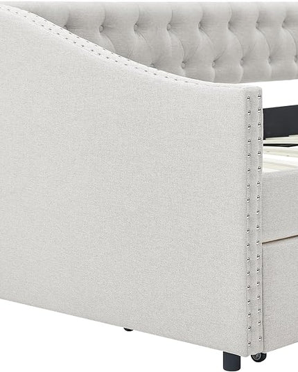 Upholstered Twin Size Daybed with Two Storage Trundle Drawers, Solid Wooden Bed Frame w/Button Tufted Backrest, No Box Spring Needed, for Kids, Bedroom, Dorm - LeafyLoom