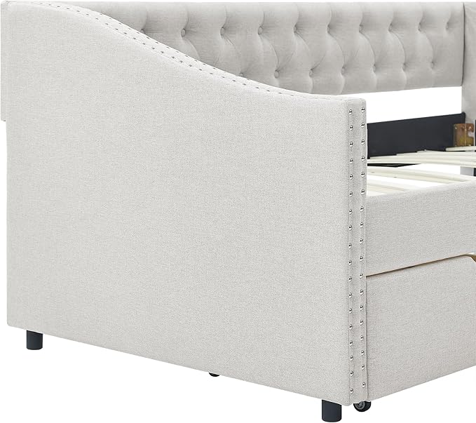 Upholstered Twin Size Daybed with Two Storage Trundle Drawers, Solid Wooden Bed Frame w/Button Tufted Backrest, No Box Spring Needed, for Kids, Bedroom, Dorm - LeafyLoom