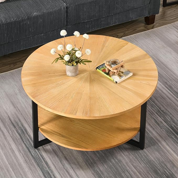 MODERION 33.5" Round Coffee Table with 2-Tier Storage, Farmhouse Living Room Cocktail Table with Black Metal Leg, Solid Wood Industrial Sofa Center Table,Easy Assembly, Natural Wood KFZ1338OA - LeafyLoom
