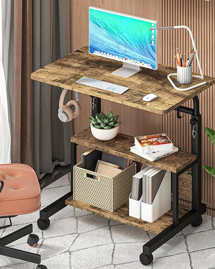 Portable Desk with Storage Shelves, Height Adjustable Desk with Wheels, Small Rolling Desk with Hooks, Standing Desk on Wheels for Home Office, Mobile Computer Table for Small Space - LeafyLoom