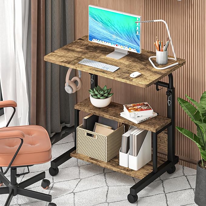 Portable Desk with Storage Shelves, Height Adjustable Desk with Wheels, Small Rolling Desk with Hooks, Standing Desk on Wheels for Home Office, Mobile Computer Table for Small Space - LeafyLoom
