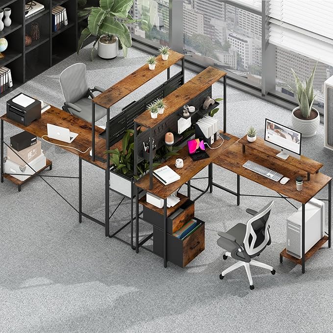 Yoobure L Shaped Desk with Pegboard, Reversible Gaming Desk with LED Lights & Power Outlets, Computer Desk with Drawers & Storage Shelves, Office Desk with Monitor Stand Corner Desk Home Office Desks - LeafyLoom