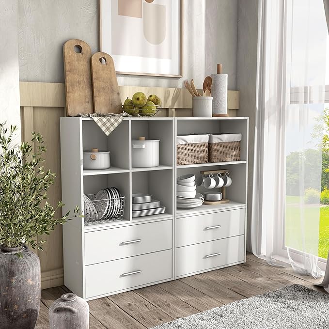 Apexa Stackable Wood Bookcase with Doors, Cube Storage Organizer Shelves, Small Food Pantry, Dorm Teen Room Decor & Bedroom, Home Office, Kitchen, 3-Tier Cabinet, White - LeafyLoom
