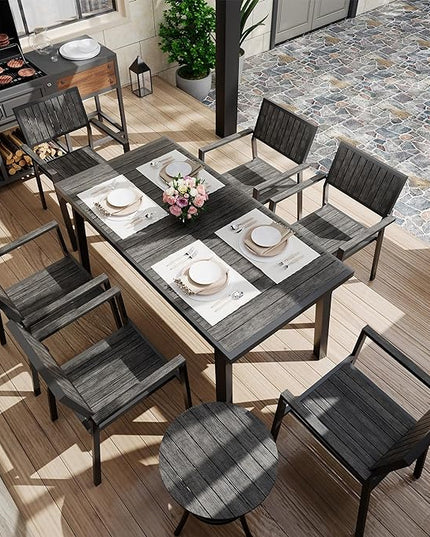 Pamapic Aluminum Outdoor Dining Set, Patio Dining Set for 8 with 6 Outdoor Stackable Chairs, Patio Table and Chairs Set with Plastic-Wood Table Top for Patio, Garden(Charcoal Gray) - LeafyLoom