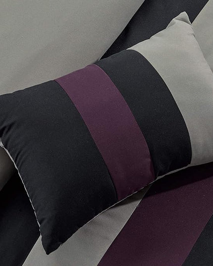 Chezmoi Collection Napa 7-Piece Luxury Leaves Scroll Embroidery Bedding Comforter Set (Queen, Purple/Black/Gray) - LeafyLoom