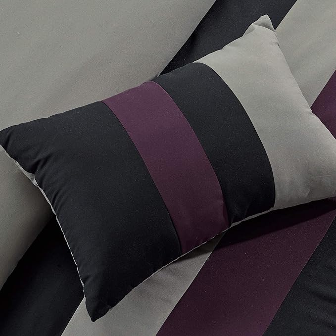 Chezmoi Collection Napa 7-Piece Luxury Leaves Scroll Embroidery Bedding Comforter Set (Queen, Purple/Black/Gray) - LeafyLoom