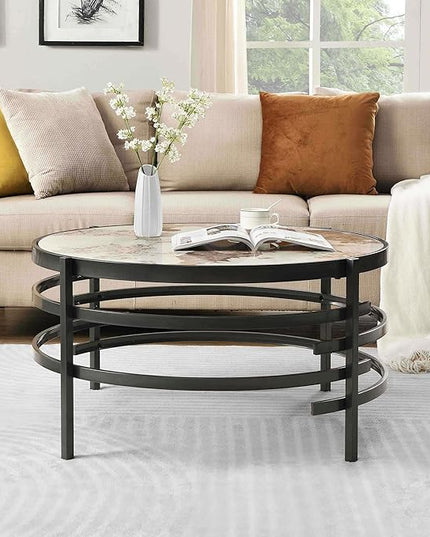 Round Coffee Table Coffee Tables for Living Room Sintered Stone Marble Top Sturdy Metal Frame (Grey, 31.50 inches) - LeafyLoom