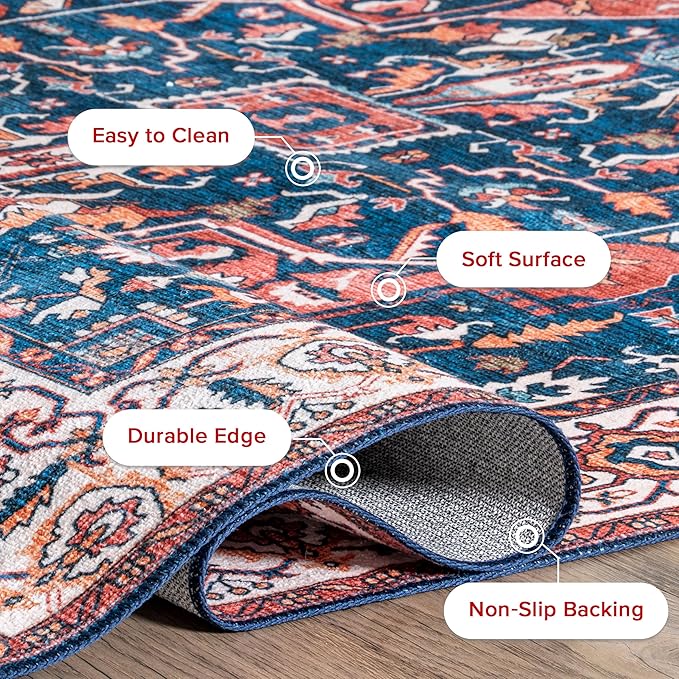 nuLOOM 8x10 Machine Washable Rain Haven Vintage Medallion Area Rug, Rust, Traditional Faded Design, Non-Slip Backing, Stain Resistant, For Bedroom, Dining Room, Living Room, Kitchen - LeafyLoom