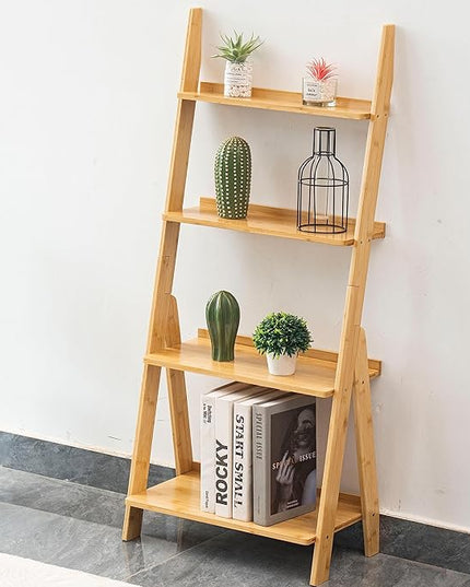 DOUSY- 4-Tier Bamboo Ladder Shelf Ladder Bookshelf Plant & Flower Stand Bookcase, Freestanding Storage Rack Organizer Display Shelf for Living Room, Home Office, Bedroom, Balcony, Natural Wood - LeafyLoom