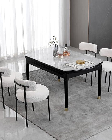 White Dining Chairs Set of 4 Round Upholstered Boucle Dining Room Chairs Mid-Century Modern Kitchen Chairs Curved Backrest Chairs for Dining Room Black Metal Legs - LeafyLoom