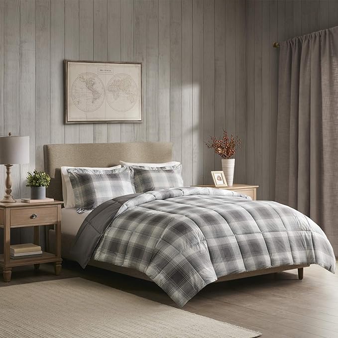 Woolrich Comforter Set, Cabin Lodge, Warm Cover for Colder Season, Modern Cottage-Inspired Down Alternative Ultra Soft Microfiber Bedding, Matching Sham, Plaid Grey Twin 2 Piece - LeafyLoom