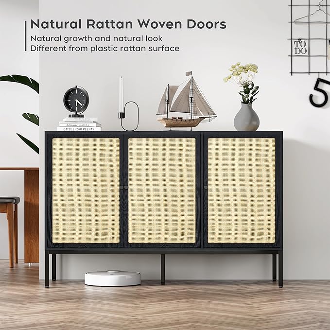 Brafab Rattan Cabinet Storage Sideboard Buffet Table Accent Console for Living Room Entryway Kitchen Dining Room 3 Doors Black - LeafyLoom