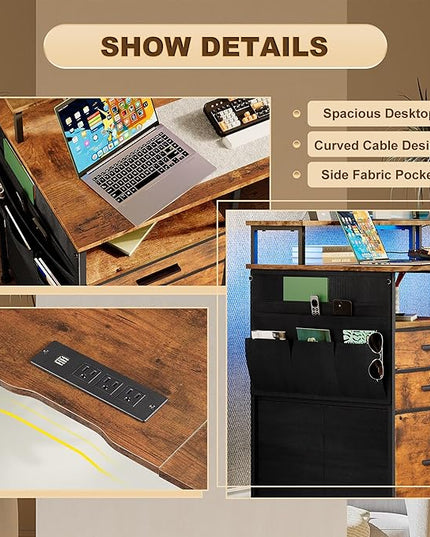 Computer Desk with 3 File Cabinet Drawers, 57.8'' Reversible Gaming Desk with LED Lights and Power Outlets, Office Desk with Storage Shelves for Home & Office (Rustic Brown) - LeafyLoom