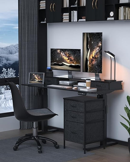 55 Inch Electric Standing Desk with Cabinet & Drawers, Height Adjustable Sit Stand Desk with Monitor Shelf, Smart Home Office Standing Computer Desk, Black - LeafyLoom