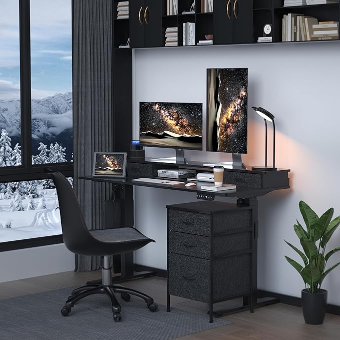 55 Inch Electric Standing Desk with Cabinet & Drawers, Height Adjustable Sit Stand Desk with Monitor Shelf, Smart Home Office Standing Computer Desk, Black - LeafyLoom