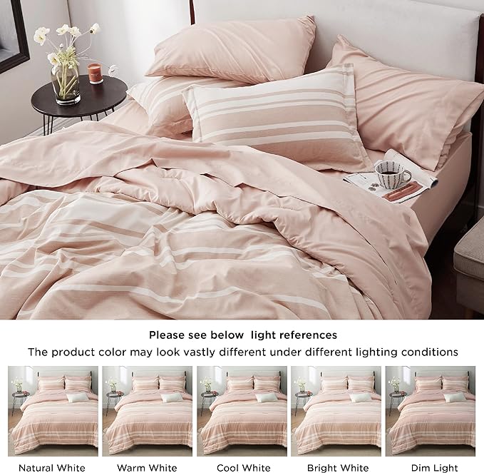 Bedsure Bed in a Bag King Size 7 Pieces, Dusty Pink White Striped Bedding Comforter Sets All Season Bed Set, 2 Pillow Shams, Flat Sheet, Fitted Sheet and 2 Pillowcases - LeafyLoom