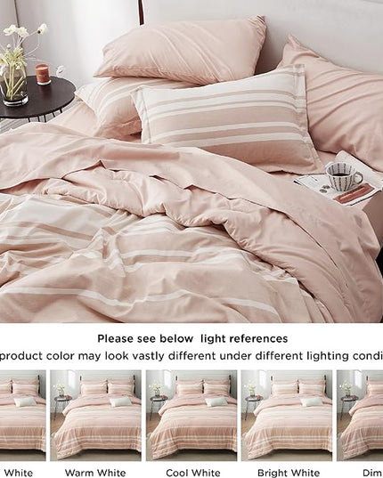 Bedsure Bed in a Bag Queen 7 Pieces, Dusty Pink White Striped Bedding Comforter Sets All Season Bed Set, 2 Pillow Shams, Flat Sheet, Fitted Sheet and 2 Pillowcases - LeafyLoom
