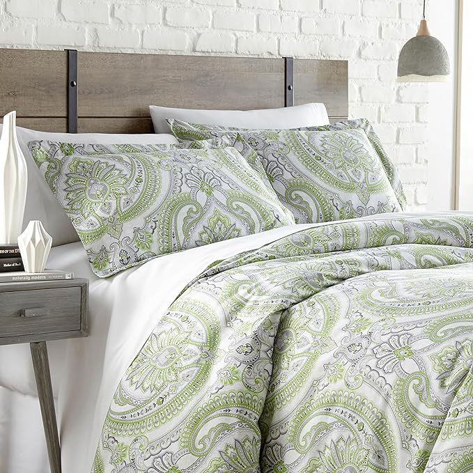 Southshore Fine Living, Inc. Oversized Full/Queen Comforter Bedding Set, Down Alternative Boho Bedspread, Paisley Print Comforter, Full Size/Queen with 2 Matching Shams, Pure Melody Green - LeafyLoom