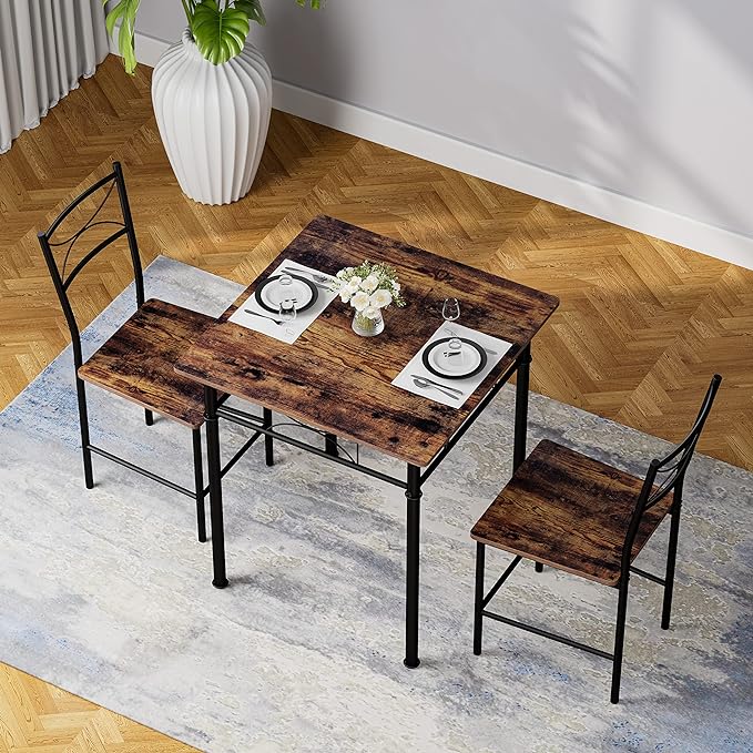 3-Piece Kitchen Dining Room Table Set for Small Spaces，Iron Wood Square Table with 2 Chairs for Kitchen Dining Room Furniture - LeafyLoom