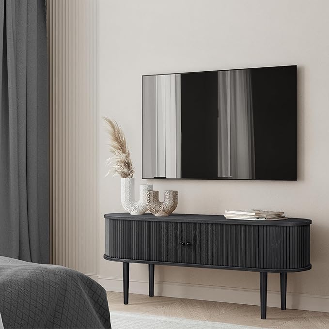 55’’ Black TV Stand with Storage and Shelves designed to fit 32’’ - 60’’ TVs. Black Wood Entertainment Center for Living Room and Bedroom, Media Console and Modern TV Console Table (Black Oak) - LeafyLoom
