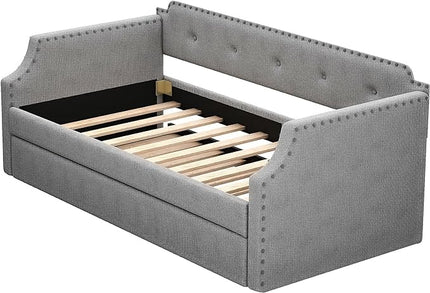 Twin Size Linen Upholstered Daybed with Trundle,Wooden Frame Armrests Bed,W/Wood Slat Support,Arched Back & Nailhead Trim,for Kids,Dorms and Guest Bedrooms,Gray - LeafyLoom