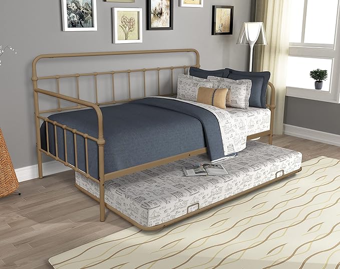 SuperStroke Jintop Twin Size Bed W slats,Metal Frame Daybed with Trundle and Anti-Noise Design,Space-Saving & Easy to Install,for Living Room Bedroom Apartment,Bronze - LeafyLoom