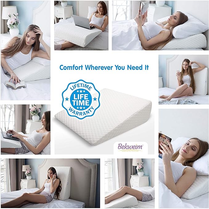 Bed Wedge Pillow | Unique Curved Design for Multi Position Use | Memory Foam Wedge Pillow for Sleeping | Works for Back Support, Leg, Knee | includes Cover Plus Extra Sheet (White) - LeafyLoom