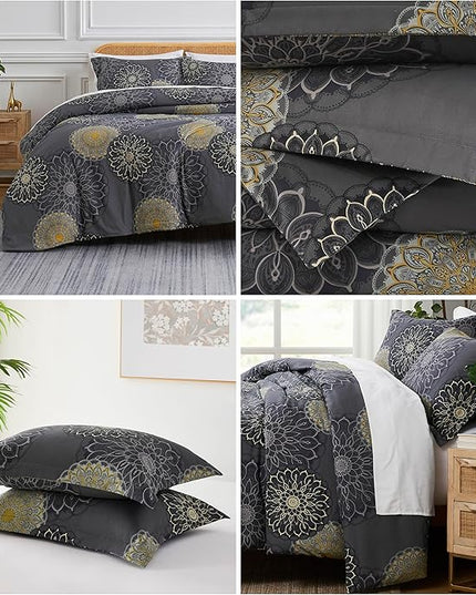 Southshore Fine Living, Inc. Oversized Full/Queen Comforter Bedding Set, Down Alternative Boho Bedspread, Paisley Floral Comforter, Full Size/Queen with 2 Matching Shams, Midnight Floral Black - LeafyLoom