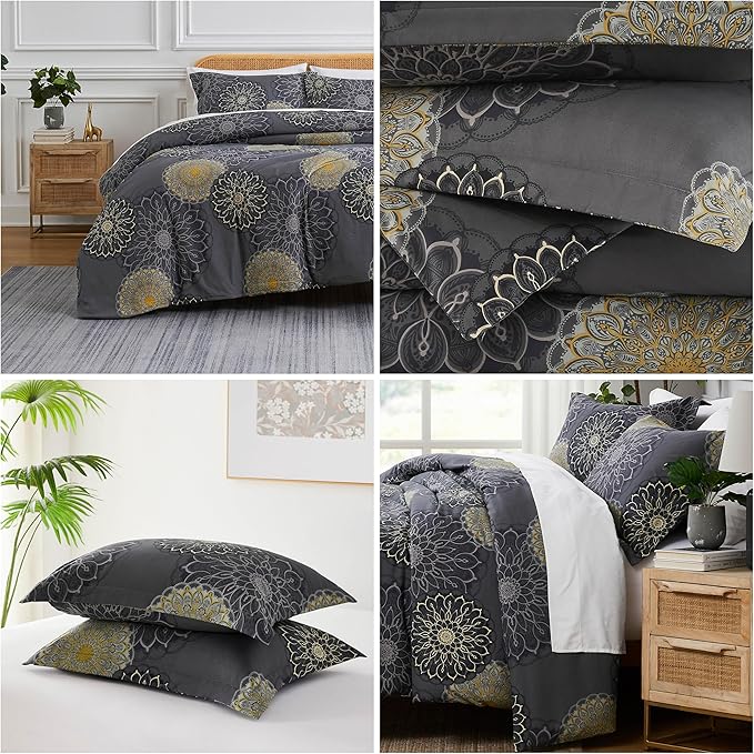 Southshore Fine Living, Inc. Oversized Full/Queen Comforter Bedding Set, Down Alternative Boho Bedspread, Paisley Floral Comforter, Full Size/Queen with 2 Matching Shams, Midnight Floral Black - LeafyLoom