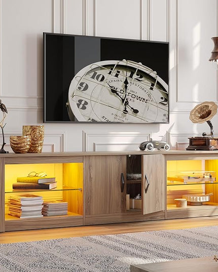 Bestier 70 inch Gaming Entertainment Center with Adjustable Glass Shelves for 75 inch TV, Large Led TV Stand with Two Cabinets, Modern Television Stand for Living Room, Bedroom, Pinewood - LeafyLoom