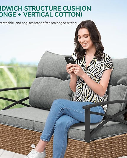 YITAHOME 4-Piece Patio Furniture Wicker Outdoor Bistro Set, All-Weather Rattan Conversation Loveseat Chairs for Backyard, Balcony and Deck with Soft Cushions and Metal Table (Light Brown+Gray) - LeafyLoom