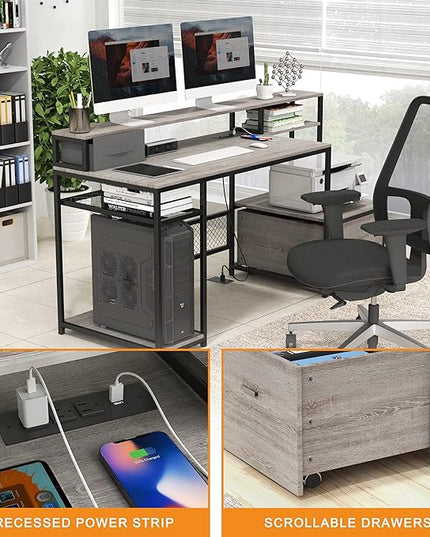 Home Office Desks with Drawers, 66'' Computer Desk with Storage, Office Desk with Monitor Stand, Work Desk with Outlets and USB, Gaming Table Desk with File Cabinet for Home Office Table, Grey - LeafyLoom