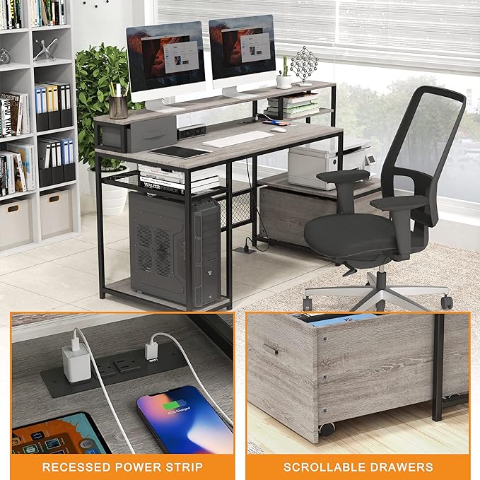 Home Office Desks with Drawers, 66'' Computer Desk with Storage, Office Desk with Monitor Stand, Work Desk with Outlets and USB, Gaming Table Desk with File Cabinet for Home Office Table, Grey - LeafyLoom