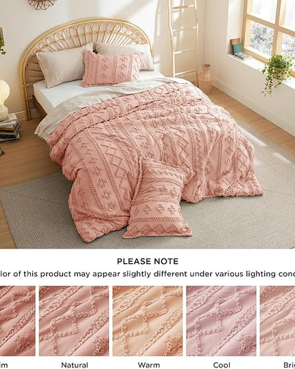 Bedsure Tufted Boho Comforter Set Queen - Pink Boho Bedding Comforter Set, 3 Pieces Farmhouse Shabby Chic Embroidery Bed Set, Soft Jacquard Comforter for All Seasons - LeafyLoom