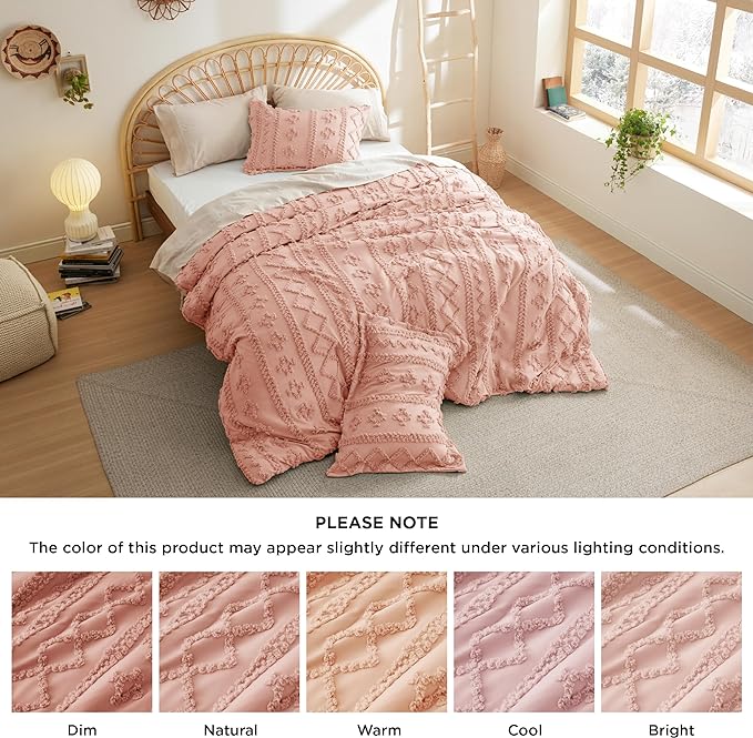 Bedsure Tufted Boho Comforter Set Queen - Pink Boho Bedding Comforter Set, 3 Pieces Farmhouse Shabby Chic Embroidery Bed Set, Soft Jacquard Comforter for All Seasons - LeafyLoom