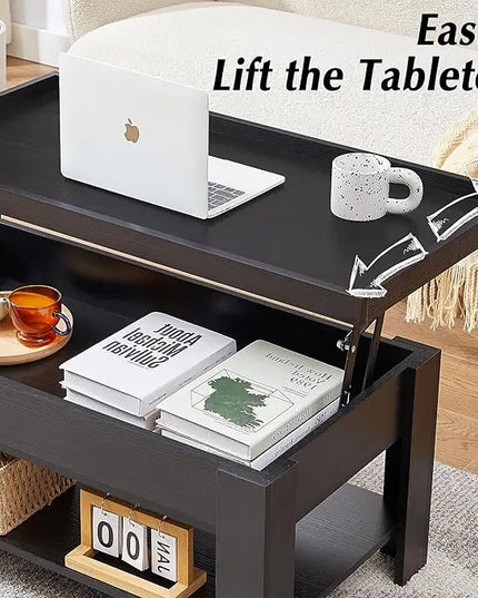VECELO Lift Top Coffee Table with Storage Shelf and Hidden Compartment for Living Room/Office Reception, Black - LeafyLoom