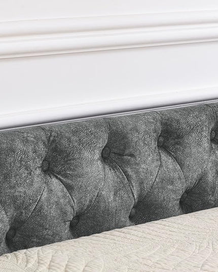 Queen Size Daybed with 2 Storage Drawers,Linen Upholstered Sofa Bed W/Button on Back & Copper Nail on Waved Shape Armrests,No Spring Box Need,Wood Bedframe for Living Room Bedroom Dorm,Grey - LeafyLoom