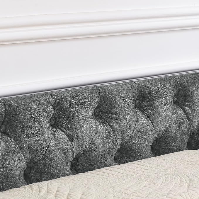 Queen Size Daybed with 2 Storage Drawers,Linen Upholstered Sofa Bed W/Button on Back & Copper Nail on Waved Shape Armrests,No Spring Box Need,Wood Bedframe for Living Room Bedroom Dorm,Grey - LeafyLoom