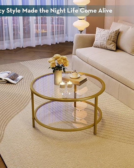 SAYGOER Round Glass Coffee Table 2 Tier Coffee Tables with Storage Shelf for Large or Small Space Modern Simple Center Table with Gold Frame for Living Room Home Office, Easy Assembly… - LeafyLoom
